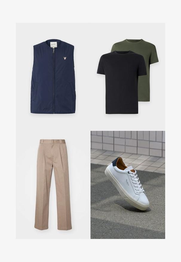 Lyle & Scott - Kamizelka; Dwa t-shirty z okrągłym dekoltem w czarnym i oliwkowym kolorze, wykonane z miękkiej bawełny. Design jest prosty, posiada krótkie rękawy i prosty krój.; Beżowe spodnie o wysokim stanie z szerokimi nogawkami. Posiadają dwa fałdy z przodu i gładką fakturę. Standardowa długość z czystym wykończeniem.; Białe skórzane trampki z granatowym piętkiem, okrągłym noskiem i kontrastowymi brązowymi akcentami. Posiadają płaskie sznurówki i teksturowaną gumową podeszwę.