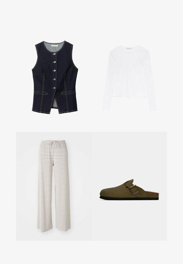 Ciemnoniebieska kamizelka dżinsowa z okrągłym dekoltem, pięcioma srebrnymi guzikami na przodzie i dwoma kieszeniami z przodu; białe przeszycia dookoła.; Biała bluzka z długim rękawem i okrągłym dekoltem. Posiada dopasowany krój, gładką fakturę materiału oraz lekko skróconą długość.; Spodnie z szerokimi nogawkami w lekkim materiale, z poziomymi paskami w odcieniach beżu i bieli. Elastyczny pas z zapięciem na sznurek.; Olive zielone klapki z szerokim regulowanym paskiem i brązową klamrą, korkowa wkładka i czarna gumowa podeszwa.