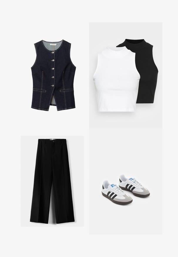 Tamno plavi traper prsluk s okruglim izrezom, pet srebrnih dugmadi na prednjoj strani i dva prednja džepa; bijeli šavovi kroz cijeli prsluk.; Dvije bezrukavne rebraste majice s visokim ovratnikom u crnoj i bijeloj boji, s prilagođenim dizajnom i glatkom teksturom, te skraćenom dužinom.; Crne široke hlače izrađene od lagane tkanine, s prednjim zatvaranjem na dugme i ravnim prednjim dijelom, sa uredno šivenim rubovima.; Sportske cipele s gornjištem od bijele kože, sivi suedinasti nos i tri crne pruge. Imaju plavi logo na jeziku i teksturiranu gumenu podlogu.