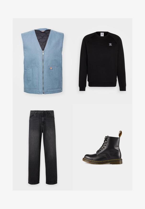 Plavi platneni prsluk s V-izrezom, prednjim zatvaračem i dva velika džepa; podstavljeni crni interijer s oznakom na lijevoj strani.; Crna dukserica s raglan rukavima, okruglim izrezom i rebrastim manžetama. Na prsima ima mali bijeli Adidas logo. Mekana tekstura tkanine.; Tamno sivi traperice s ravnim nogavicama, s patentnim zatvaračem, pet džepova i suptilnim izbljeđivanjima na tkanini.; Crne kožne čizme do gležnjeva s žutim šavovima, vezanje sprijeda, zaobljenim vrhom i teksturiranom gumenom petom. Sadrže petlju za vuču straga.