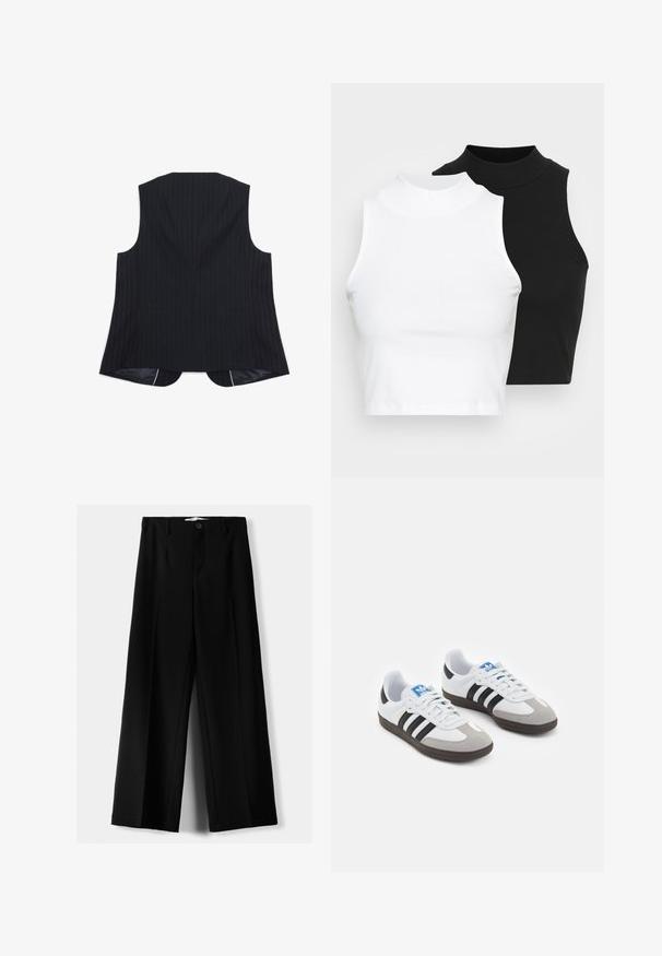 Schwarze Nadelstreifenweste mit maßgeschneidertem Design. Hat einen hohen Kragen, offene Seiten und einen leicht längeren hinteren Saum. Glatte Stofftextur.; Zwei ärmellose, gerippte Rollkragenoberteile in Schwarz und Weiß, mit einer figurbetonten Passform und glatter Textur sowie einer cropped Länge.; Schwarze weite Hosen aus leichtem Stoff, mit einem Knopfverschluss vorne und flachem Bund, mit sorgfältig genähten Säumen.; Sportschuhe mit einem Obermaterial aus weißem Leder, grauer Wildleder-Zehenkappe und drei schwarzen Streifen. Sie verfügen über ein blaues Logo auf der Zunge und eine strukturierte Gummisohle.