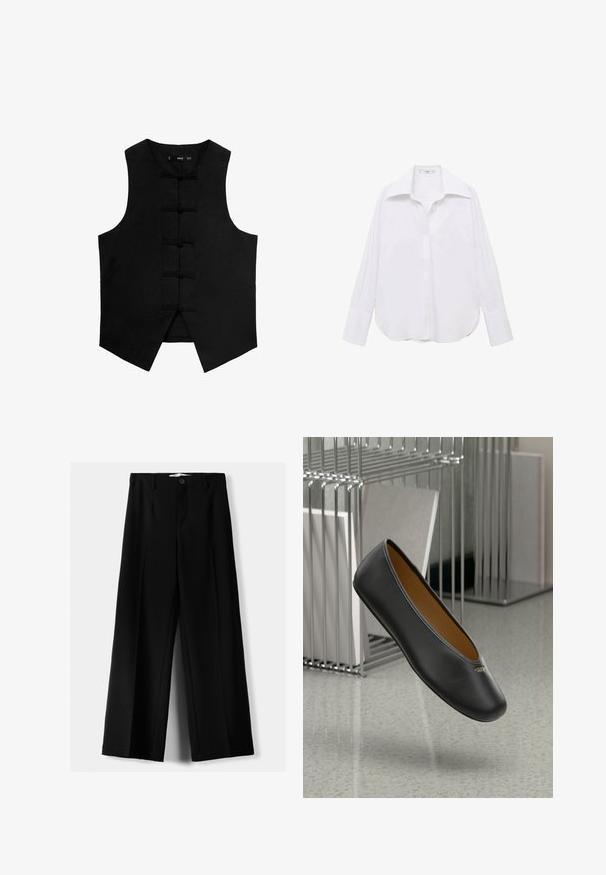 Vesta neagră fără mâneci, cu decolteu rotund, material texturat și închideri cu noduri tradiționale pe față. Prezintă buzunare laterale și un tiv conic.; Cămașă albă cu mâneci lungi, cu nasturi, cu guler clasic, croi lejer, fante laterale și textură netedă, realizată dintr-un material ușor.; Pantaloni negri cu picior larg, fabricați dintr-un material ușor, cu închidere frontală cu nasture și față plată, având tivuri cusute cu atenție.; Balerini din piele neagră cu vârf rotunjit, textură netedă și un accent cu logo auriu pe lateral. Poziționate deasupra unei suprafețe reflective.