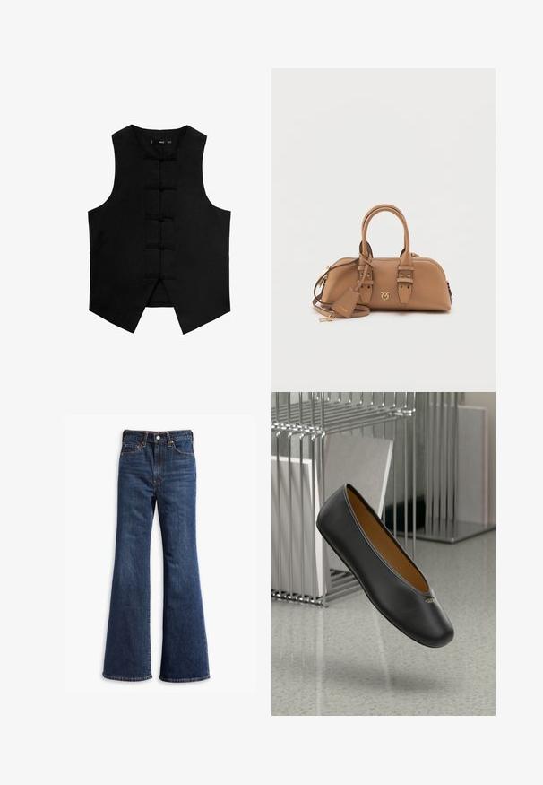 Zwarte mouwloze vest met een ronde halslijn, textuurstof en traditionele knoopsluitingen aan de voorkant. Heeft zijzakken en een taps toelopende zoom.; Witte long-sleeve blouse met een klassieke kraag, relaxte pasvorm, zijsplitten en een soepele textuur gemaakt van lichtgewicht stof.; Hogegarende donkerblauwe denim jeans met flared pijpen, sluiting met een knoop en rits aan de voorkant, en ontwerp met vijf zakken.; Zwarte leren balletflat met een afgeronde neus, een gladde textuur en een gouden logoaccent aan de zijkant. Geplaatst boven een reflecterend oppervlak.; Tan leren handtas met een ronde vorm, gouden hardware accenten, dubbele bovenhandvaten en een afneembare schouderriem. Kenmerkt een logo-detail.; Schildpad patroon haarclip gemaakt van plastic, met een golvend ontwerp met meerdere gripstekers en een ronde bovenkant.