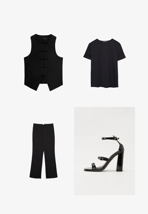 Czarna bezrękawnik z okrągłym dekoltem, teksturowana tkanina i tradycyjne zapięcia na węzeł z przodu. Posiada boczne kieszenie i zwężany dół.; Prosta, krótko rękawowa czarna koszulka bawełniana z okrągłym dekoltem, prezentowana na białym tle.; Czarne spodnie o prostym kroju, z przednimi kieszeniami i bocznymi rozcięciami na dole. Wykonane z miękkiego, gładkiego materiału. Odpowiednie na różne okazje.; Czarne lakierowane sandały na obcasie z kwadratowym noskiem, z paskami wokół kostki i srebrnymi klamrami. Posiadają masywny słupek dla stabilności.