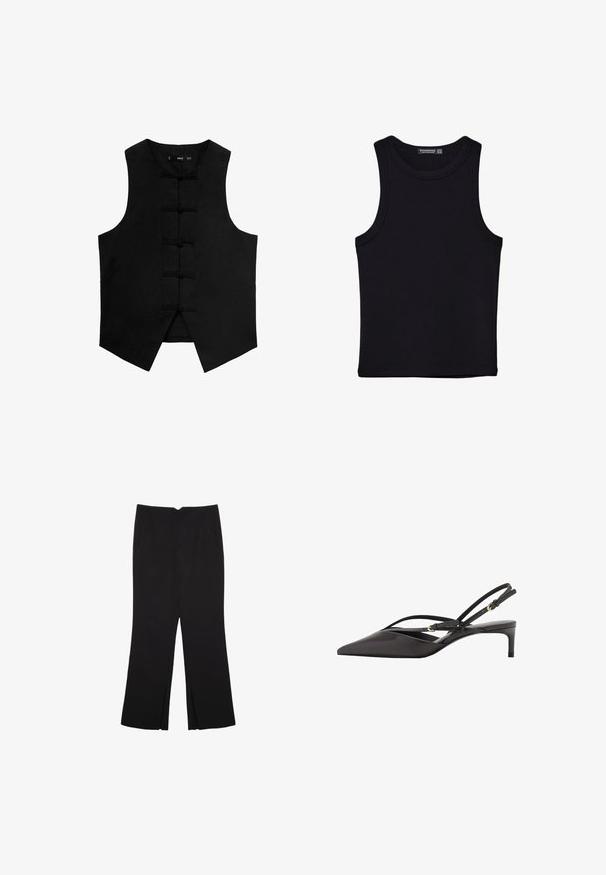 Černá bezrukávová vesta s oblémi výstřihem, texturovaným materiálem a tradičními uzávěry na uzel vpředu. Obsahuje boční kapsy a zúžený lem.; Černý top na ramínka vyrobený z bavlny, s kulatým výstřihem a širokými průramky. Hladká textura s prošitými lemy. Klasický, minimalistický design.; Černé kalhoty s rovným střihem, s předními kapsami a bočními rozparky na lemu. Vyrobené z jemné, hladké tkaniny. Vhodné na různé příležitosti.; Černé kožené lodičky na podpatku s úzkými řemínky kolem kotníku, špičatou špičkou a nízkým jehlovým podpatkem. Hladká textura s minimalistickým designem.