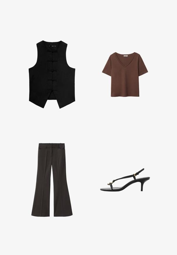Svart ärmlös väst med rundad halsringning, strukturtyg och traditionella knytskärningar framtill. Har sidofickor och en avsmalnande nederkant.; Brun bomulls t-shirt med korta ärmar och djup V-ringning. Enkel design, mjuk textur och rak fåll. Inga mönster eller dekorationer.; Svarta utsvängda byxor med hög midja; har två framfickor och en mjuk tygtextur. Lämpliga för olika tillfällen.; Svart lädersandal med kitten heel, tunna remmar, guldspänne och minimalistisk tåloop på en vit bakgrund.