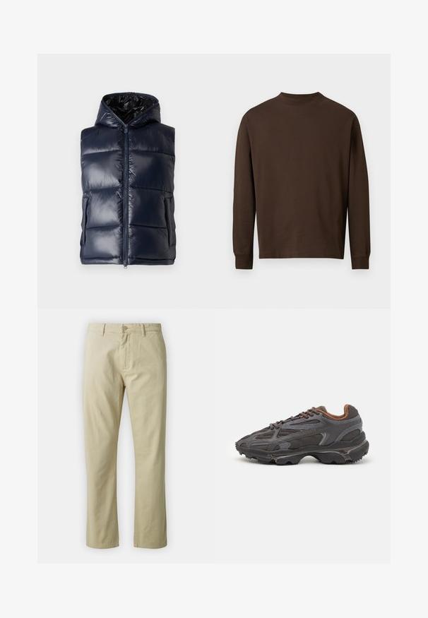 Jūras zils pūšamais veste ar kapuci, ar priekšējo rāvējslēdzēju, divām sānu kabatām un spīguļojošu, quilted tekstūru.; Brūna garām piedurknēm krekls no mīkstas auduma, ar apaļo izgriezumu un taisnu griezumu, bez redzamām rakstām vai aksesuāriem.; Beidzīgo kokvilnas bikses ar taisnu kāju piegriezumu, priekšējo pogu aizdari un jostas cilpām. Gluda tekstūra, nav redzamu rakstu vai akcentu.; Lacoste kedas tumši pelēkā krāsā ar acu audumu un sintētisko materiālu, ar teksturētu zoli un brūniem akcentiem apkaklītē un zīmola uzrakstā.