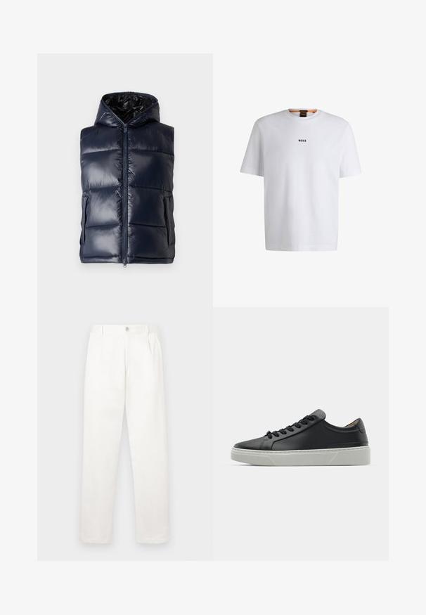 Navy puffer vest with a hood, featuring a front zipper, two side pockets, and a shiny, quilted texture.; White cotton T-shirt with short sleeves, featuring a black "BOSS" logo centered on the chest and a round neck design.; White trousers made from smooth fabric, featuring a straight leg design, front pleats, and a single button closure at the waist.; Black leather sneaker with a smooth texture, round toe, and black laces. Features a thick, white rubber sole with subtle geometric accents.