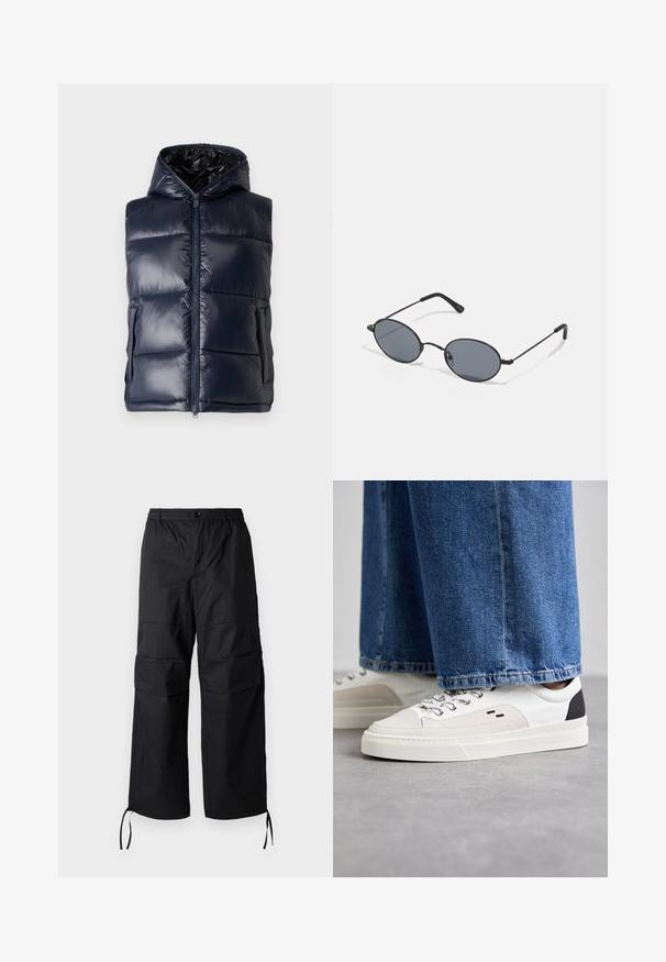Navy puffer vest with a hood, featuring a front zipper, two side pockets, and a shiny, quilted texture.; Navy blue polo shirt made of knitted fabric, featuring a classic collar, short sleeves, and three button placket with smooth texture.; Black cargo pants made of lightweight fabric, featuring wide legs, elastic waistband, and adjustable drawcords at the cuffs. Two side pockets.; White and black sneakers with a smooth leather upper, textured accents, and a chunky white sole. Features a classic lace-up design.; Black oval sunglasses with dark lenses and thin metal frames. Features slender arms with a subtle curve at the ends.; Silver metal cuff bracelet with a smooth, matte finish. Features an open design with rounded edges, allowing for adjustable sizing.