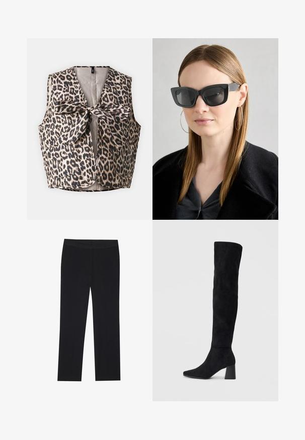 Vest s leopardím potiskem, který má uzávěr na motýlka, vyrobený z lesklého materiálu, se dvěma předními kapsami a bez rukávů.; Černý top s dlouhým rukávem, který má na přední straně a zápěstích nařasený materiál. Je vyroben z měkkého, elastického materiálu a má lodní výstřih.; Černé kalhoty se střihovým designem rovného nohavice, s bočními kapsami a jemnou texturou látky. Minimální detaily, čistý pas.; Černé semišové vysoké boty s blokovým podpatkem, špičatou špičkou a hladkým, bezšvovým designem na jednoduchém světlém pozadí.; Černé sluneční brýle ve stylu kočičího oka s tmavými skly, silnými rámy a jemnými detaily. Nosené s černým kabátem a šedým topem, s dlouhými rovnými vlasy.