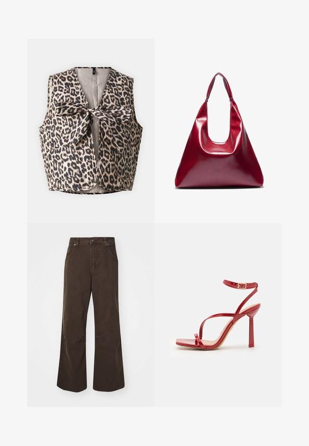 Jopica z leopardjim vzorcem z zavezovanjem s metuljčkom, izdelana iz sijoče tkanine z dvema sprednjima žepoma in brezrokavnim dizajnom.; Bela krila iz smockanega blaga z nabrano obrobo in elastičnim pasom, ki ima teksturirano površino in prostoren dizajn.; Rjave široke hlače iz bombaža, z visokim pasom, sprednjimi žepi in gladko teksturo. Končni detajli vključujejo subtilne šive.; ALDO SCINTILLA - Sandali z visoko peto - red; Rdeča sijoča usnjena torbica v trikotni obliki, širokim vrhnjim odprtjem in enim ukrivljenim ročajem. Gladka textura z minimalnimi šivi.