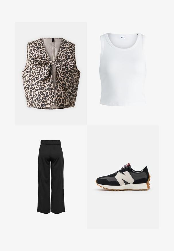Leopárd mintás mellény, masnis záródással, fényes anyagból készült, két elülső zsebbel és ujjatlan kivitelben.; Fehér bordás ujjatlan top, kerek nyakkivágással és rövid hosszal. A címke szerint "JJXX". Sima szövettextúra.; Fekete, bővülő szárú nadrág, elasztikus derékkal, sima anyagból készült. Tiszta dizájn jellemzi, zsebek és látható varrási részletek nélkül.; Fekete és szürke velúr sportcipő nagy krémszínű "N" logóval, lila fűzőkkel és texturált gumi talppal.