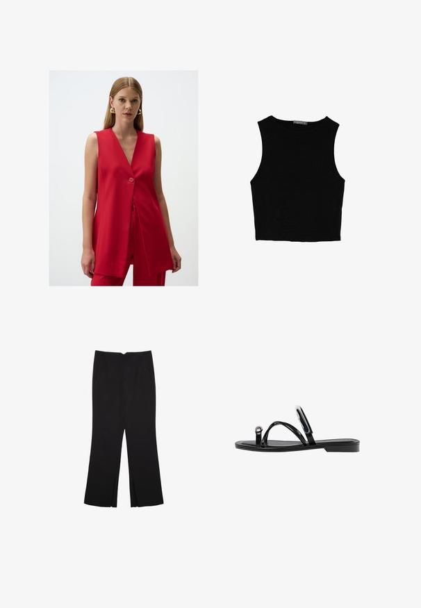 Roter ärmelloser Blazer mit V-Ausschnitt und einer einzelnen Knopfverschluss, ausgestattet mit einem glatten Stoff und einer leicht ausgestellten Silhouette.; Schwarzes ärmelloses Crop-Top aus glattem Stoff, mit rundem Ausschnitt und einem klaren, schlichten Design ohne Muster oder Beschläge.; Schwarze Hose mit geradem Schnitt, ausgestattet mit Fronttaschen und Seitenschlitzen am Saum. Hergestellt aus weichem, glattem Stoff. Geeignet für verschiedene Anlässe.; Schwarze flache Sandalen mit glänzender Oberfläche, drei dünnen Riemen und einem runden Hardware-Detail an den Zehen. Elegantes Design mit einem minimalen Absatz.