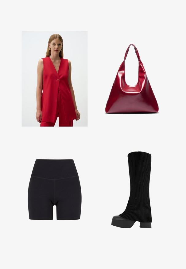 Roter ärmelloser Blazer mit V-Ausschnitt und einer einzelnen Knopfverschluss, ausgestattet mit einem glatten Stoff und einer leicht ausgestellten Silhouette.; Schwarzes Kurzarm-T-Shirt mit V-Ausschnitt und Knopfleiste mit drei Knöpfen. Hergestellt aus weichem, elastischem Stoff. Einfaches, klassisches Design.; Schwarze, hochtaillierte Shorts aus dehnbarem Stoff. Verfügt über einen elastischen Bund, eine glatte Textur und reicht bis zur Mitte des Oberschenkels mit einem nahtlosen Design.; Schwarze knielange Stiefel mit einem gerippten Stoffobermaterial, klobiger Plateausohle und Blockabsatz, ausgestattet mit einer glatten Textur und elegantem, modernem Design.; Rote glänzende Lederhandtasche mit dreieckiger Form, breiter Öffnung oben und einem geschwungenen Griff. Glatte Textur mit minimalen Nähdetails.