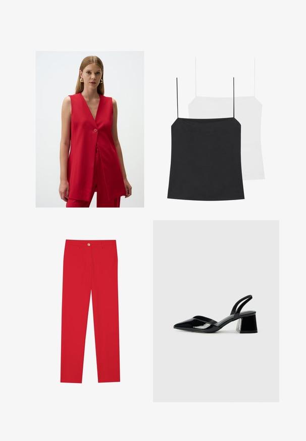 Rode mouwloze blazer met een V-hals en een enkele knoopsluiting, voorzien van een gladde stof en een licht uitlopende pasvorm.; Er worden twee cami-tops getoond: een zwarte en een witte. Beide hebben dunne bandjes en een aansluitend ontwerp gemaakt van een gladde, rekbare stof.; Rode broek met een rechte pasvorm, vlakke voorkant, enkele knoopsluiting en twee zijzakken. Gladde stof zonder zichtbare patronen of accenten.; Zwarte gepatineerde leren slingback hakken met een spitse neus en een geometrische blokhak. Kenmerkt zich door een slank, minimalistisch ontwerp en een gladde textuur.