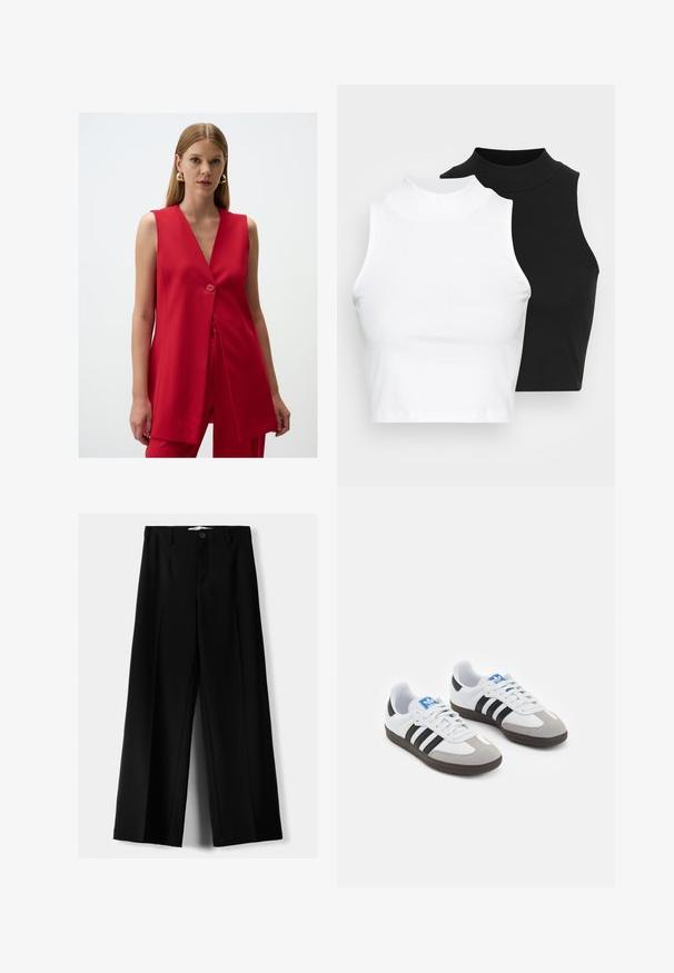 Roter ärmelloser Blazer mit V-Ausschnitt und einer einzelnen Knopfverschluss, ausgestattet mit einem glatten Stoff und einer leicht ausgestellten Silhouette.; Zwei ärmellose, gerippte Rollkragenoberteile in Schwarz und Weiß, mit einer figurbetonten Passform und glatter Textur sowie einer cropped Länge.; Schwarze weite Hosen aus leichtem Stoff, mit einem Knopfverschluss vorne und flachem Bund, mit sorgfältig genähten Säumen.; Sportschuhe mit einem Obermaterial aus weißem Leder, grauer Wildleder-Zehenkappe und drei schwarzen Streifen. Sie verfügen über ein blaues Logo auf der Zunge und eine strukturierte Gummisohle.