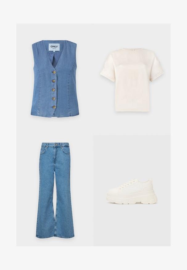 Denim bez rukava s V-izrezom, s pet smeškastih dugmadi sprijeda, svijetloplave boje i glatke teksture.; Majica kratkih rukava s okruglim izrezom u boji slonovače, izrađena od glatke tkanine, s opuštenim krojem i minimalnim detaljima šivanja na rukavima.; Svijetloplave traperice s flared nogavicama, visokog struka, s pet džepova i jednim dugmetom za zatvaranje. Mekani materijal s izblijedjelim izgledom.; Bijela platnena tenisica s debelim potplatom, zaobljenim vrhom i pet rupica za vezice. Stražnji tab za jednostavno obuvanje. Glatka tekstura, minimalistički dizajn.