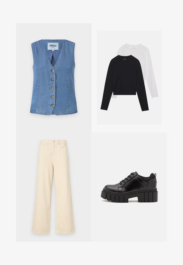 Denimo bešvarkis su V formos iškirpte, su penkiomis rudomis sagomis priekyje, šviesiai mėlynos spalvos ir lygia tekstūra.; Du dušo ilgomis rankovėmis marškiniai: vieni juodi, kiti balti. Abu marškiniai turi apvalų iškirpimą, raglan tipo rankoves ir minkštą medvilnės mišinio audinį.; Bežinės plačios kojos džinsai, pagaminti iš medvilnės. Turintys sagos uždarymą, diržo kilpas ir priekinės kišenes su lygia, švelnia tekstūra.; Juodi odiniai platformos batai su masyviu blokuota kulniuku, apvalia nosimi ir tradiciniu šnypštimo dizainu. Turintys glotnų paviršių ir minimalų dekoravimą.