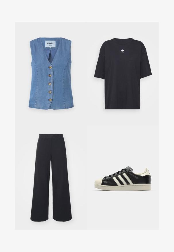 Bluză din denim fără mâneci cu decolteu în V, având cinci nasturi maro pe partea din față, de culoare albastră deschisă și o textură fină.; Tricou din bumbac negru cu mâneci scurte, gât rotund, prezentând un logo Adidas alb pe piept. Design simplu, croi lejer.; Pantaloni de trening negri, cu picioare largi, confecționați dintr-un material moale, având un talie elastică și un logo mic pe partea stângă.; Sneaker din piele neagră cu dungi albe, vârf din cauciuc, șireturi negre și talpă de culoare crem. Textură netedă cu finisaj strălucitor.