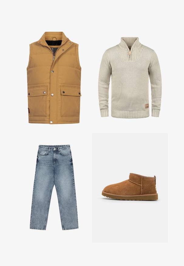 Tan sleeveless vest made of padded fabric. Features snap buttons, two front pockets, and a soft black fleece lining on the collar.; Beige knit sweater with a half-zip collar, ribbed cuffs and hem. Features textured pattern on the collar and a small logo patch.; Light blue denim jeans with a straight leg cut, visible stitching, five pocket design, and a button closure at the waist.; Tan suede ankle boot with a rounded toe, subtle stitching details, and a textured rubber sole. Short height without laces.