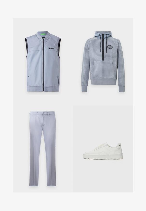 Vest albui ușor, fără mâneci, cu guler în picioare, fermoar în față, cu margini negre și logo-ul "BOSS" pe pieptul stâng. Țesătură netedă și ușoară.; Hanorac bleu deschis cu un model în carouri, design cu fermoar pe jumătate, cordoane ajustabile și buzunar frontal tip pouch. Accent cu logo negru.; Pantaloni tailored de culoare gri deschis, confecționați dintr-un material neted, având sistem de închidere cu buton, curea la talie și un design drept. Nu sunt vizibile buzunare.; Sneakers din piele albă cu un finisaj neted, vârf rotund, șireturi plate și o talpă texturată. Prezintă un logo subtil pe călcâi.