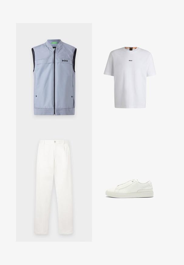 Light blue sleeveless vest with a stand collar, zip front, black trim, and "BOSS" logo on the left chest. Smooth, lightweight fabric.; White cotton T-shirt with short sleeves, featuring a black "BOSS" logo centered on the chest and a round neck design.; White trousers made from smooth fabric, featuring a straight leg design, front pleats, and a single button closure at the waist.; White leather sneaker featuring a textured upper, a round toe, minimalistic design, and a rubber sole with stitched detailing.