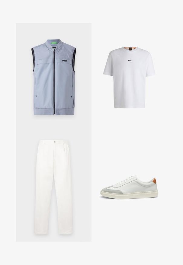 Light blue sleeveless vest with a stand collar, zip front, black trim, and "BOSS" logo on the left chest. Smooth, lightweight fabric.; White cotton T-shirt with short sleeves, featuring a black "BOSS" logo centered on the chest and a round neck design.; White trousers made from smooth fabric, featuring a straight leg design, front pleats, and a single button closure at the waist.; White leather sneakers with gray suede accents and a tan leather heel tab. Features a textured surface and lightweight sole.