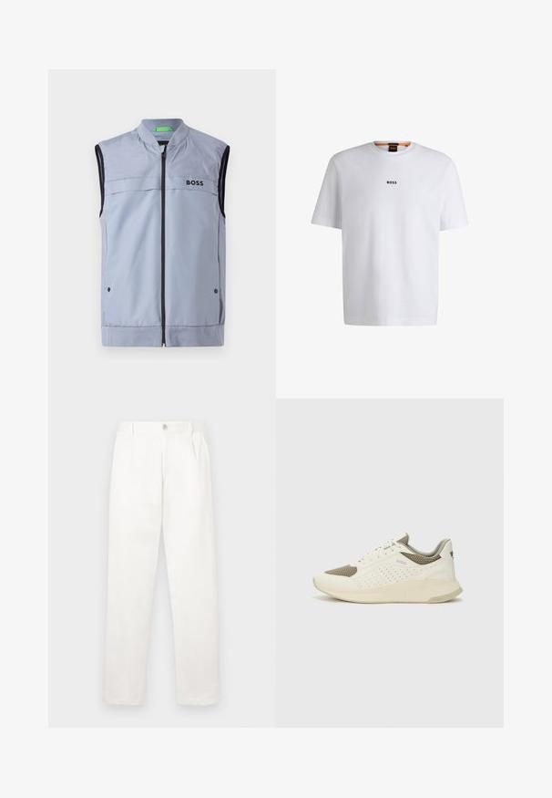 Light blue sleeveless vest with a stand collar, zip front, black trim, and "BOSS" logo on the left chest. Smooth, lightweight fabric.; White cotton T-shirt with short sleeves, featuring a black "BOSS" logo centered on the chest and a round neck design.; White trousers made from smooth fabric, featuring a straight leg design, front pleats, and a single button closure at the waist.; White and light beige athletic sneaker, featuring a mesh upper, perforated detailing, and a textured midsole with branding on the heel.