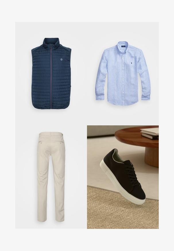 Gilet senza maniche di colore blu navy con texture trapuntata orizzontale, colletto alto, zip frontale e tasche laterali. Presenta un logo sul petto.; Camicia a maniche lunghe a righe bianche e blu in cotone, con colletto button-down, bottoni frontali e un piccolo logo ricamato sul petto.; Pantaloni beige con una texture liscia, taglio dritto, due tasche posteriori con bottoni e vita standard.; Sneaker nero con suola bianca che flotta sopra un tappeto beige testurizzato vicino a un tavolo rotondo in legno con libri impilati.