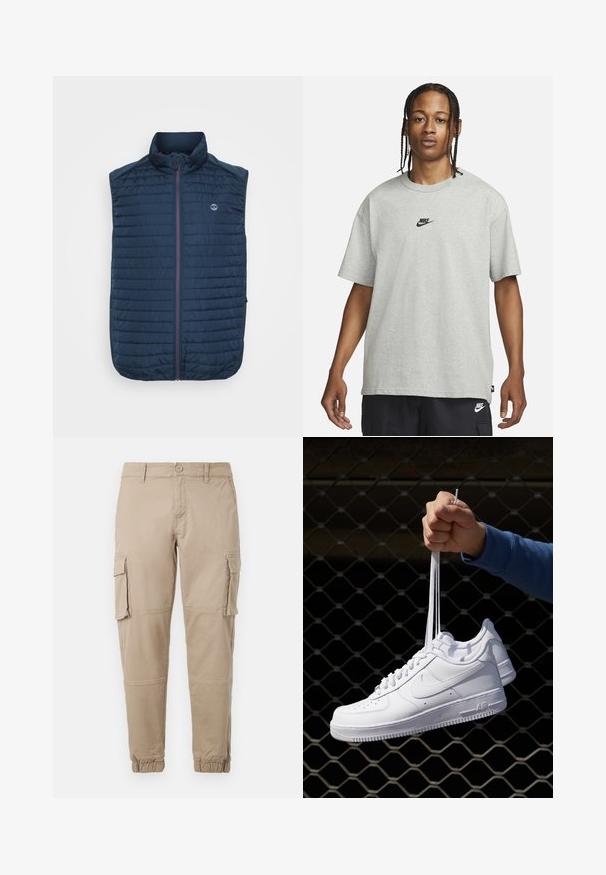 Mornarsko modra brezrokavnik z vodoravno prešito teksturo, visokim ovratnikom, sprednjim zadrgo in stranskimi žepi. Vsebuje logo na prsih.; Mlad človek z zasebnimi lasmi, oblečen v svetlo sivo majico Nike in črne kratke hlače Nike pred enostavno belo kuliso.; Bežne cargo hlače iz lahkega bombažnega materiala. Imajo elastične manšete, več stranskih žepov in gumbasto zapiranje.; Bela usnjena športna obutev s perforacijami, okroglo konico, ravnim podplatom in debelimi vezalkami, z vidnim logotipom smoosh in napisom "AIR" na peti.