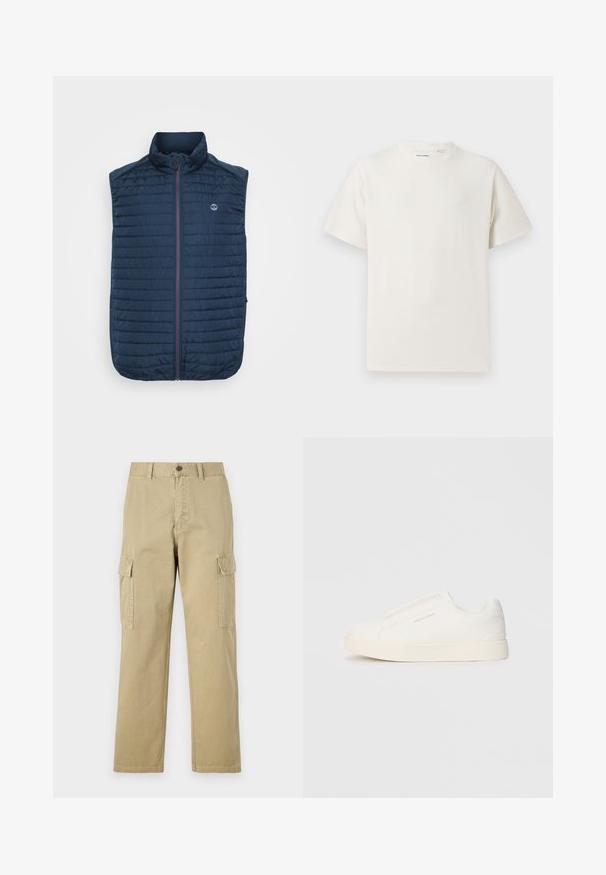 Tengerészkék, ujjatlan mellény vízszintes steppelt mintával, magas gallérral, elülső cipzárral és oldalsó zsebekkel. Az elején logóval rendelkezik.; Fehér, rövid ujjú póló bordázott textúrával. Kerek nyakkivágás, laza szabás, nincs látható minta vagy díszítés. Egyszerű és sokoldalú dizájn.; Beige vászon cargo nadrág, két oldalsó zsebbel, gombos záródással, egyenes lábakkal és enyhén texturált anyagból készült.; Fehér slip-on sportcipők texturált felülettel, vastag talppal és minimalista dizájnnal. Az oldalon a márka logója található.