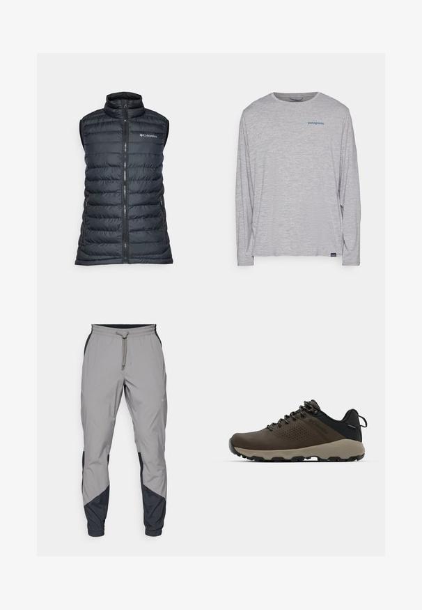 Černá péřová vesta s vysokým límcem, předním zipem a dvěma bočními kapsami. Obsahuje prošívaný design a logo Columbia na hrudi.; Světle šedé dlouhé tričko s dlouhým rukávem vyrobené z jemné, texturované látky. Má kulatý výstřih a malou modrou Patagonia logo na hrudi.; Lehké šedé sportovní kalhoty s černými detaily. Elastický pas, stahovací šňůrka, tapered nohavice a boční kapsy.; Hnědé nepromokavé sneakers s texturovaným svrškem, perforovanými detaily, černým oporou paty a šedou gumovou podrážkou. Šňůrky mají kovové konce.