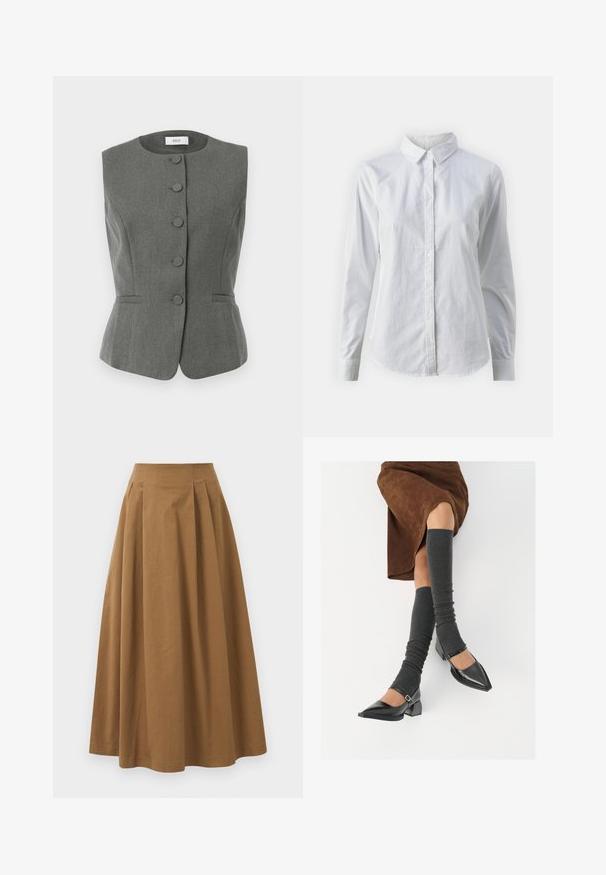 Sivá bezrukávová vesta so štruktúrovaným dizajnom, obsahujúca šesť gombíkov pokrytých látkou, prispôsobený strih a jemné bočné vrecká.; Biela košeľa s gombíkmi vyrobená z hladkej bavlny, s klasickým golierom, dlhými rukávmi a zakriveným lemom. Gombíky sú malé a biele.; Hnedá bavlnená sukňa A-línie s vysokým pásom, so skladmi vpredu a hladkou textúrou. Hranice sú čisté a jednoduché.; Čierne lakované kožené topánky s špicatou špičkou, blokovým podpätkom a členkovým remienkom, ktoré sú kombinované so šedými rebrovanými legínami a hnedou zamšovou sukňou.