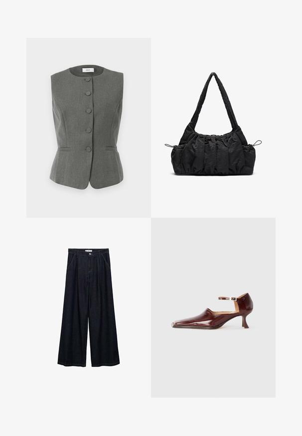 Graue, ärmellose Weste mit strukturiertem Design, ausgestattet mit sechs mit Stoff überzogenen Knöpfen, taillierter Passform und dezenten Seitentaschen.; Graues Langarmshirt mit rundem Ausschnitt, ausgestattet mit einer weißen Borte am Kragen und an den Bündchen. Hergestellt aus weichem, strukturiertem Stoff.; Dunkelblaue, weite High-Waist-Hosen aus Denim mit einem Knopfverschluss vorne, zwei Seitentaschen und Nähdetails.; Burgunderfarbenes Lackleder-Schuhwerk mit einer spitzen Zehe, Knöchelriemen und einem 5 cm hohen, konisch zulaufenden Absatz. Glatte Textur und minimalistisches Design.; Schwarze Stoffhandtasche mit geraffter Textur, zwei Schulterträgern und Kordelzugverschluss an den Seiten. Glattes, leichtes Material.