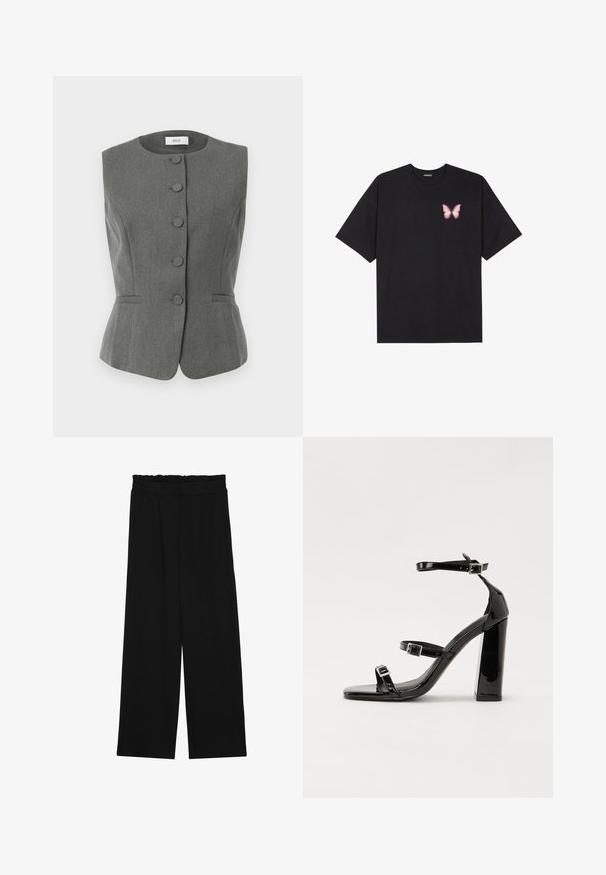 Pelēks bezsudraba žakets ar strukturētu dizainu, kas satur sešus audumā pārklātus pogas, pielāgotu piegriezumu un smalkas sānu kabatas.; Melna kokvilnas T-krekls ar īsām piedurknēm, kuram priekšā kreisajā pusē ir neliels rozā tauriņa grafiskais attēls. Ar apaļu kaklu un brīvā stila piegriezumu.; Melnas platās bikses ar volangām jostasvietā, ar divām sānu kabatām un gludu, vieglu audumu. Nav redzamu rakstu vai aksesuāru.; Melnas lakotas augstpapēžu čības ar kvadrāta purngalu, potīšu siksniņām un sudraba sprādzēm. Aprīkotas ar masīvu bloku papēdi stabilitātei.