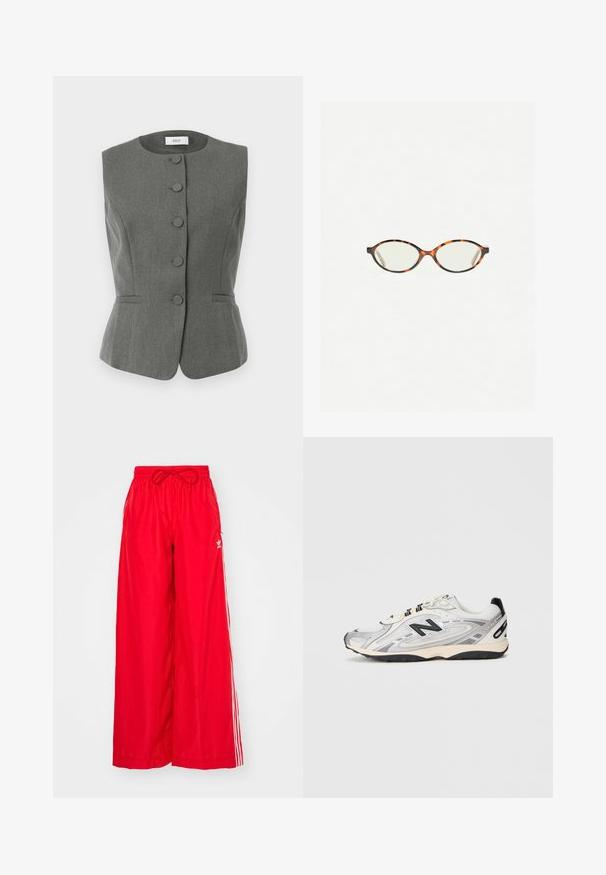 Graue, ärmellose Weste mit strukturiertem Design, ausgestattet mit sechs mit Stoff überzogenen Knöpfen, taillierter Passform und dezenten Seitentaschen.; Langarmiges, weißes Rundhalsshirt mit einem "WEEKDAY"-Label im Kragen, auf einem hellgrauen Hintergrund flach ausgelegt.; Rote weit geschnittene Hose aus leichtem Stoff, mit weißen Seitenstreifen und einem elastischen Bund mit Kordelzug.; Grauer und weißer Sportschuh mit abgerundeter Zehe, aus Mesh- und Synthetikmaterialien, schwarzen Akzenten und einer strukturierten Gummisohle.; Schildpatt-Eyegläser mit ovalen Gläsern und einer eleganten, glatten Oberfläche. Mit dünnen Seiten und einer subtilen Kurve an den Schläfen. Klare Gläser.