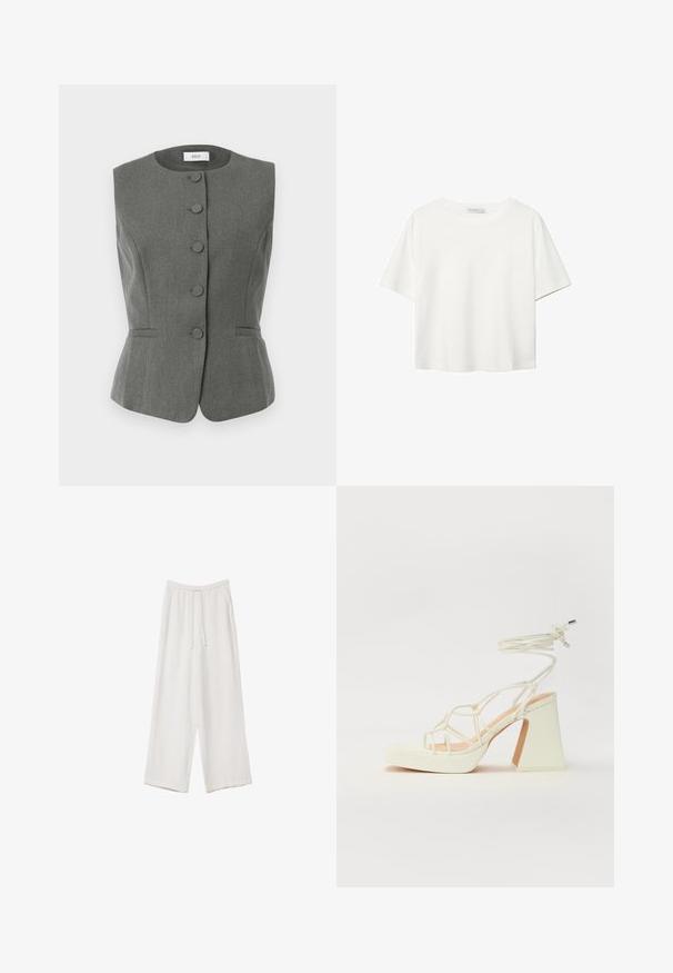 Šedý bezrukávový vest s strukturovaným designem, vybavený šesti knoflíky potaženými látkou, přiléhavým střihem a jemnými bočními kapsami.; Bílý krátký rukáv tričko vyrobené z bavlny. Má kulatý výstřih a volný střih. Hladký materiál bez viditelných vzorů nebo akcentů.; Bílé široké kalhoty vyrobené z lehké tkaniny. Mají elastický pas se šňůrkou a boční kapsy. Hladká textura.; Bílé sandály na vysokém podpatku s robustním podpatkem, s designem s pásky a zavazováním kolem kotníku. Hladký povrch s platformou vpředu pro zvýšení výšky.