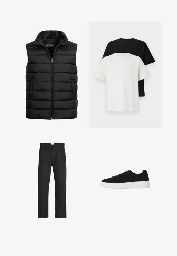 Schwarze gepolsterte Weste mit hohem Kragen, Reißverschluss und zwei Seitentaschen. Hergestellt aus glänzendem, leichtem Material mit gestepptem Muster.; Baumwoll-T-Shirt-Set bestehend aus einem schwarzen Oberteil und einem weißen Oberteil, beide mit kurzen Ärmeln, Rundhalsausschnitt und normaler Passform. Texturiert.; Schwarze Hosen aus strapazierfähigem Stoff, mit geradem Bein, genähten Akzenten und zwei vorderen Taschen für Funktionalität.; Schwarze Wildledersneaker mit runder Zehenpartie, schnürbarem Vorderteil und weißer Gummisohle. Einfaches Design mit minimalen Akzenten und glatter Textur.