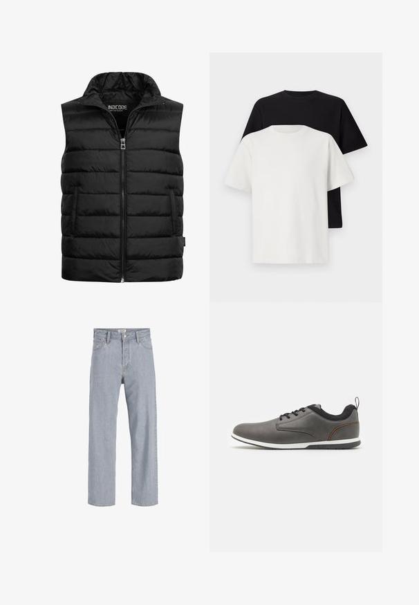 Svart polstret vest med høy krage, glidelås-lukking og to sidelommer. Laget av skinnende, lett materiale med quiltet tekstur.; Sett med bomull t-skjorter bestående av en svart topp og en hvit topp, begge med korte ermer, rund hals og standard passform. Teksturet stoff.; Lyseblå denimbukser med avslappet passform, rett ben-design, synlige sømmer, to frontlommer og knappelukking.; Graue skinnsko med svarte detaljer, med rund tå, snøring, hvit såle og en liten løftekant bak på hælen.