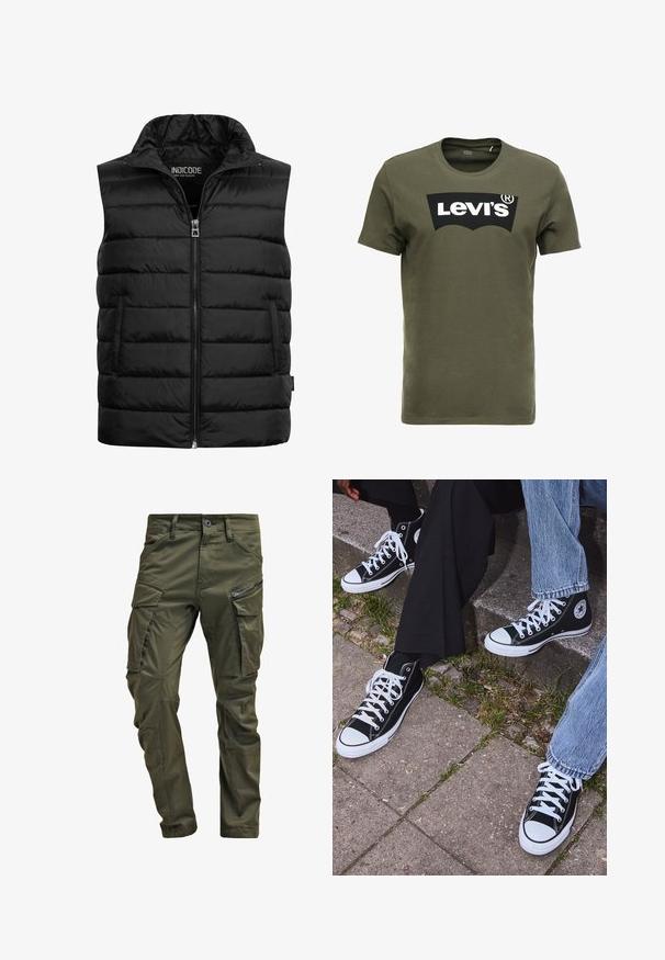 Gilet imbottito nero con colletto alto, chiusura a zip e due tasche laterali. Realizzato in materiale lucido e leggero con texture trapuntata.; T-shirt di cotone verde oliva con un grande logo nero di Levi's sul davanti. Collo girocollo classico e maniche corte, consistenza liscia.; Pantaloni cargo verde oliva realizzati in cotone robusto. Presentano numerose tasche, una tasca laterale con zip e gambe affusolate con una finitura leggermente strutturata.; Sneakers alti neri in tela con suole e lacci bianchi, dotati di un logo circolare di lato e abbinati a pantaloni in denim e neri.
