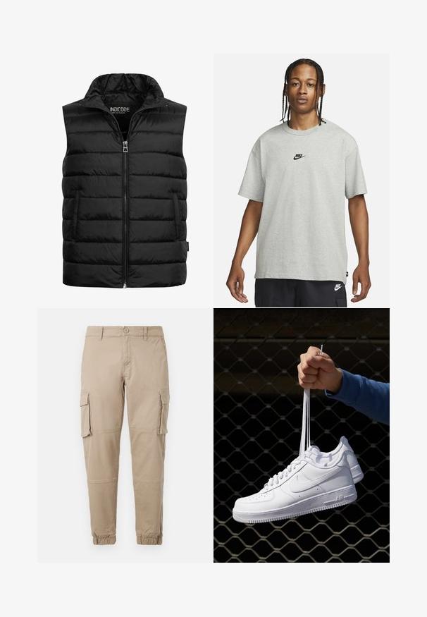 Schwarze gepolsterte Weste mit hohem Kragen, Reißverschluss und zwei Seitentaschen. Hergestellt aus glänzendem, leichtem Material mit gestepptem Muster.; Junge Person mit geflochtenem Haar, die ein hellgraues Nike-T-Shirt und schwarze Nike-Shorts trägt, vor einem einfarbigen weißen Hintergrund.; Beige Cargo-Hosen aus leichtem Baumwollmaterial. Mit elastischen Bündchen, mehreren Seitentaschen und einem Knopfverschluss.; Weiße Leder-Sneaker mit Perforationen, runder Zehenpartie, flacher Sohle und dicken Schnürsenkeln, mit sichtbar eingesticktem Swoosh-Logo und "AIR" an der Ferse.