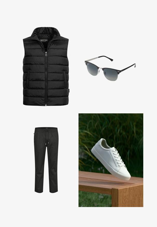 Zwarte gewatteerde vest met een hoge kraag, ritssluiting en twee zijzakken. Gemaakt van glanzend, lichtgewicht materiaal met een gewatteerde textuur.; Witte T-shirts met korte mouwen gestapeld, gemaakt van katoen. Heeft een ronde hals en een rechte snit. Stof lijkt soepel zonder patronen.; Zwarte katoenen broek met een elastische tailleband, trekkoordsluiting en een comfortabele pasvorm. Beschikt over een soepele textuur en taps toelopende benen.; Witte vetersneaker die boven een houten bank zweeft met groene bladeren op de achtergrond, waarbij het ontwerp en de textuur van de schoen worden getoond.; Zwarte en zilveren zonnebril met een cat-eye vorm, gradient lenzen en metalen accenten op het montuur. Plastic armen met grijze punten.