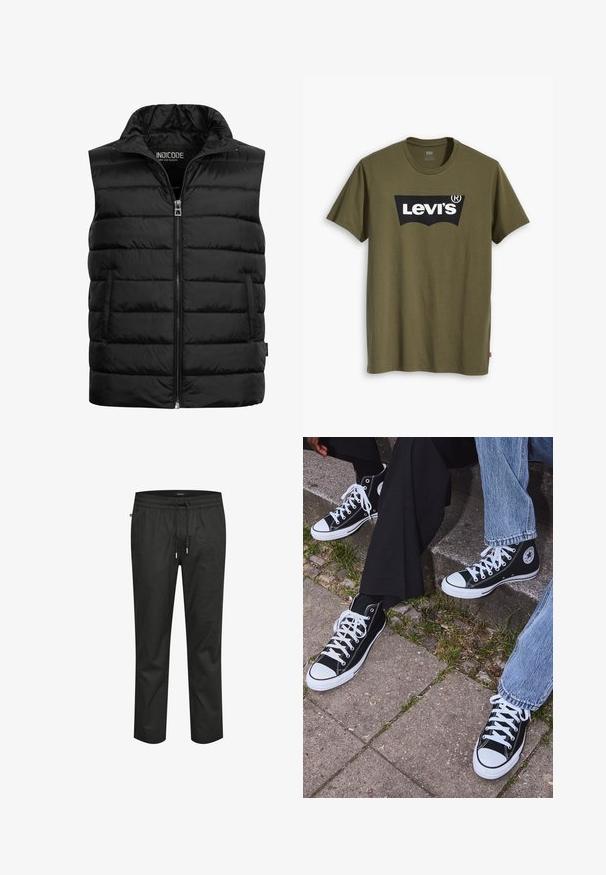 Zwarte gewatteerde vest met een hoge kraag, ritssluiting en twee zijzakken. Gemaakt van glanzend, lichtgewicht materiaal met een gewatteerde textuur.; Olijfgroen katoenen T-shirt met een groot zwart Levi's-logo in een contrasterende semi-gebogen vorm over de borst. Regular fit.; Zwarte katoenen broek met een elastische tailleband, trekkoordsluiting en een comfortabele pasvorm. Beschikt over een soepele textuur en taps toelopende benen.; Zwarte canvas sneakers met hoge schacht, witte rubberen zolen en veters, met een cirkelvormig logo aan de zijkant, gecombineerd met denim en zwarte broeken.