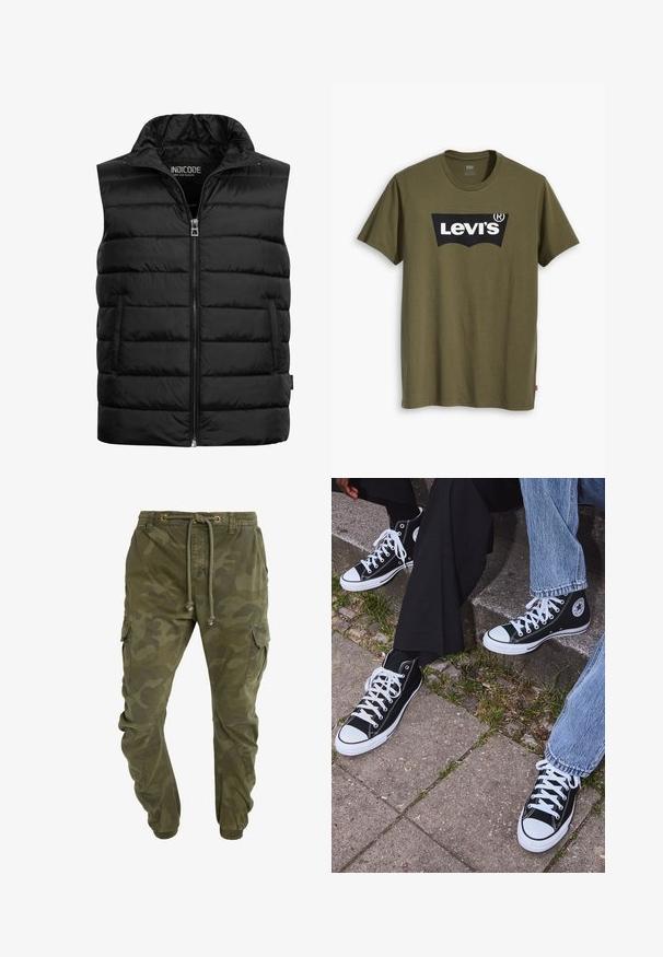 Gilet imbottito nero con colletto alto, chiusura a zip e due tasche laterali. Realizzato in materiale lucido e leggero con texture trapuntata.; T-shirt di cotone verde oliva con un grande logo Levi's nero in una forma semi-arcuata a contrasto sul petto. Vestibilità regolare.; Pantaloni cargo verdi con motivo camouflage, vita con coulisse, polsini elasticizzati e tasche laterali. Realizzati in tessuto resistente.; Sneakers alti neri in tela con suole e lacci bianchi, dotati di un logo circolare di lato e abbinati a pantaloni in denim e neri.