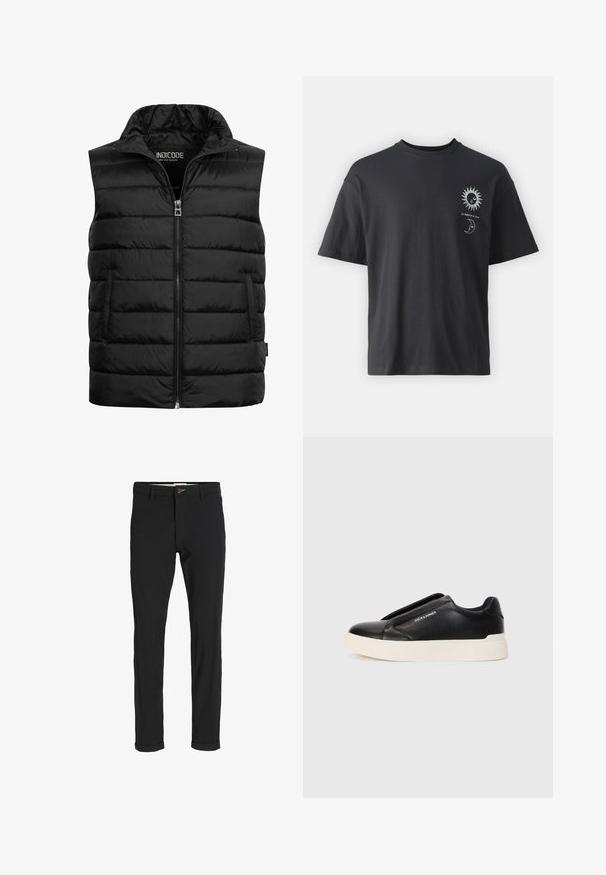 Zwarte gewatteerde vest met een hoge kraag, ritssluiting en twee zijzakken. Gemaakt van glanzend, lichtgewicht materiaal met een gewatteerde textuur.; Zwarte katoenen t-shirt met korte mouwen, ronde hals en voorop afbeeldingen van een zon en maan, vergezeld van de tekst "Le Soleil et La Lune."; Zwarte katoenen broek van een katoenmix met een slim fit, voorzien van een knoopsluiting, zakken en opgerolde mouwen voor een casual afwerking.; Zwarte slip-on sneaker met een gestructureerde leren bovenkant, witte rubberen zool en geen zichtbare veters. Beschikt over het merkembleem aan de zijkant.