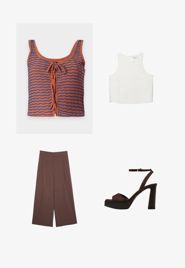 Oranžová bavlnená tielko s modrými vlnitými pruhmi, s vykrojeným výstrihom a detailom na viazanie vpredu. Hladká textúra, skrátený dizajn.; Biele bezrukávové tričko s okrúhlym výstrihom, ktoré má jemnú textúru, detail s kľúčovou dierkou na chrbte a rovný lem.; Hnedé nohavice so širokými nohavicami a hladkou textúrou, s vysokým pásom a prednými skladmi. Tkanina je ľahká a voľne sa pohybuje.; Hnedé semišové sandále na vysokom podpätku s otvorenou špičkou, nastaviteľným členkovým remienkom a pruhovanou platformovou podrážkou.