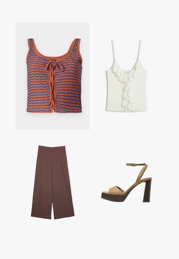 Oranžna bombažna majica brez naramnic z modrimi valovitimi črtami, ki se ponaša s krožnim izrezom in detajlom z vezanjem spredaj. Gladka tekstura, skrajšan dizajn.; Bela brezrokavnik z V-izrezom, opremljen z nabranimi akcenti navzdol po sredini. Narejen iz mehke, teksturirane tkanine.; Rjave široke hlače z gladko teksturo, ki imajo visok pas in sprednje naborke. Tkanina je lahka in prosto pada.; Bež semiš sandali na visoki peti z širokim sprednjim trakom in trakom okoli gležnja, opremljeni z debelim lesenim blokom peto z teksturirano površino.