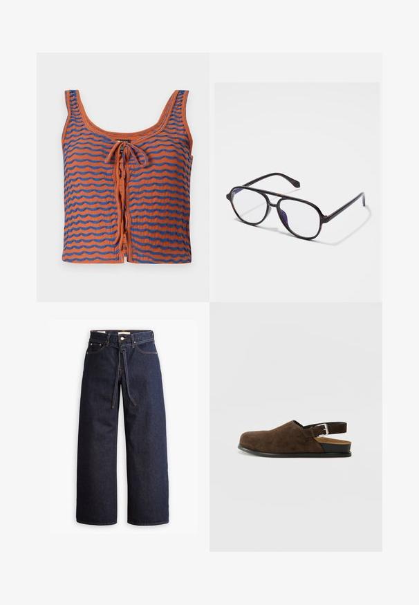 Narancssárga pamut ujjatlan felső kék hullámos csíkokkal, kerek nyakkivágással és elöl megkötős részlettel. Simaszerkezetű, rövidített fazon.; Fehér ujjatlan felső vékony pántokkal, bordás pamutszövetből készült, egyenes dekoltázzsal és tiszta véggel az alján.; Széles lábú, sötétkék farmernadrág magas derékkal, húzózsinórral, öt zsebbel és kontrasztos varrással.; Barna szarvasbőr slip-on cipő alacsony sarokkal, állítható pánttal ezüst csattal és fekete gumitalppal.; Kerek, sötét teknőctorta szemüveg tiszta lencsékkel. Vékony műanyag kerettel és finom csuklórésszel a templomokon.