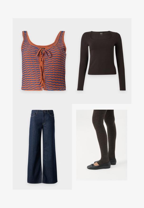 Orange cotton tank top with blue wavy stripes, featuring a scoop neckline and a tie detail at the front. Smooth texture, cropped design.; Black long-sleeve, fitted top with a square neckline, labeled GAP, displayed on a white background.; Wide-leg jeans in dark blue denim. Features contrast stitching, five pockets, and a button closure at the waist. Smooth texture.; Black flat shoes with a small bow detail at the toe, paired with dark brown ribbed tights. Shoes have a smooth texture and low profile.