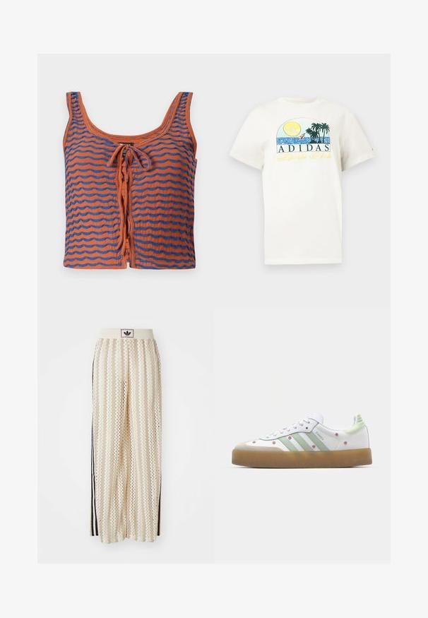 Oranžna bombažna majica brez naramnic z modrimi valovitimi črtami, ki se ponaša s krožnim izrezom in detajlom z vezanjem spredaj. Gladka tekstura, skrajšan dizajn.; Bela bombažna majica s grafičnim dizajnom, ki prikazuje sonce, palme in vodo. "ADIDAS Sports Club" natisnjeno v zeleni in rumeni barvi.; Hlače širokega kroja kremne barve z zigzag vzorcem, opremljene z črnim logotipom na pasu in stranskimi črnimi črtami. Lahka, teksturirana tkanina.; Beli športni copat z zelenimi detajli, tremi črtami, cvetličnim vezenjem in gumo podplatom. Ima okroglo špico in zasnovo z vezalkami.